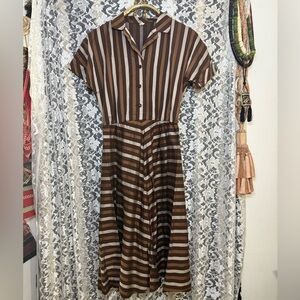 Vintage Parisian dress Brown gray silver Striped Midi Dress button down collared